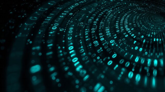 Swirling vortex of glowing cyan binary code digits recedes into darkness.