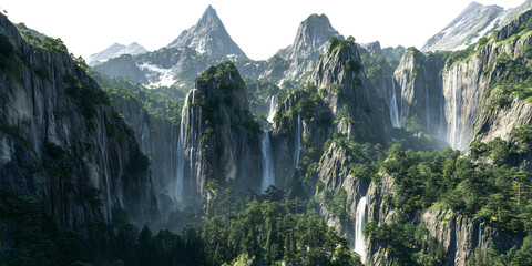 Majestic mountain peaks with cascading waterfalls and lush green forests