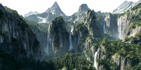 Majestic mountain peaks with cascading waterfalls and lush green forests