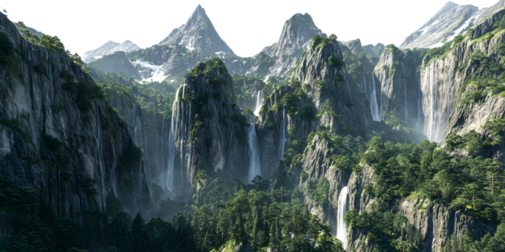 Majestic mountain peaks with cascading waterfalls and lush green forests