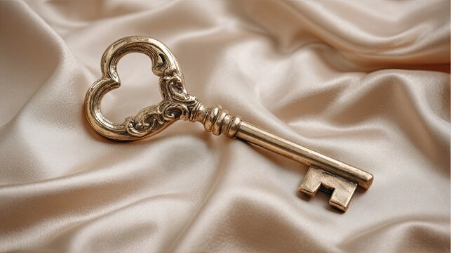 Elegant golden heart shaped vintage key on soft satin fabric symbolizing love romance and emotional intimacy