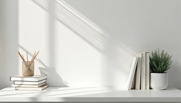 Minimalist white desk setup with books pencils and green plant creating calm workspace. Sunlight casts shadows on wall, offering bright creative inspiration for study or work.
