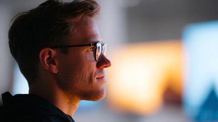 Close-up profile of a young man wearing glasses looking thoughtfully into the distance with soft warm and cool blurred background lighting