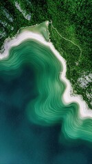 An aerial perspective captures the stunning natural beauty of a lake's edge. The water transitions from deep blue to vibrant turquoise, marked by swirling patte