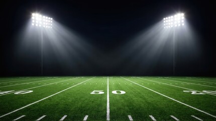 A view of a green football field with yard lines and bright stadium lights at night time scene view