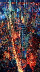 An aerial perspective of a dense urban landscape at night, showcasing towering skyscrapers illuminated with a multitude of colorful lights, with streaks of traf