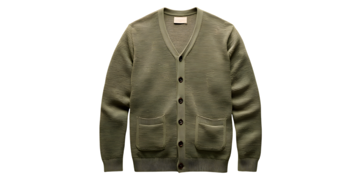 Stylish olive green cardigan with a unique abstract pattern
