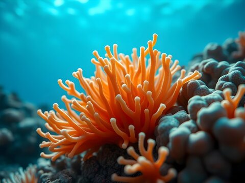 Vibrant Coral Reef Close-Up with Embossed Texture in Cinematic Noir Lighting