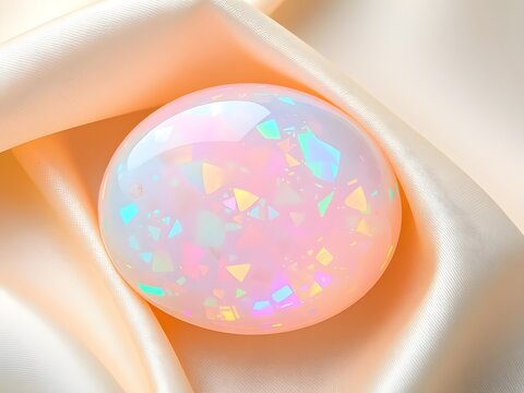 Colorful Opal Stone with Iridescent Play in Champagne Silk Fabric