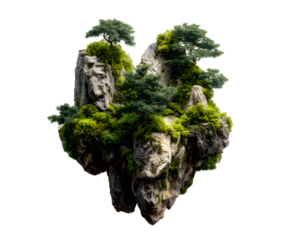 Enchanting miniature floating island garden with lush greenery and rocky terrain