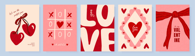 Obraz na płótnie Canvas Set of Valentine's Day greeting card designs featuring heart-shaped cherries, a bow, and a tic-tac-toe game in a hand-drawn style with a grainy texture for a romantic holiday, vector illustration.