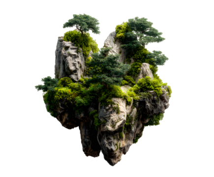 Enchanting miniature floating island garden with lush greenery and rocky terrain