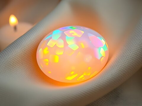 Colorful Opal Stone on Linen with Candlelight, Minimalist Composition