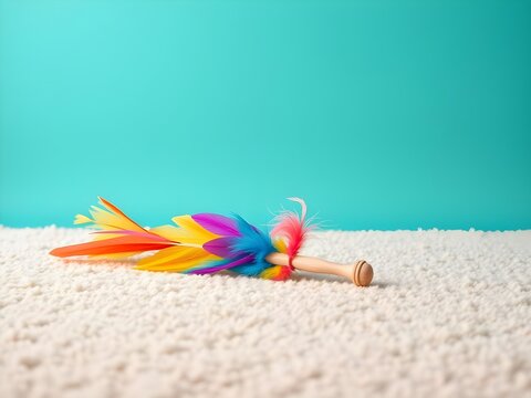 Colorful Feather Cat Toy Wand on Carpet with Vibrant Split Background