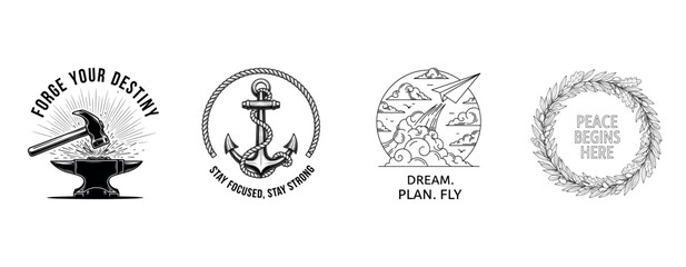 Motivational emblems: hammer, anchor, paper plane, and peace wreath illustrations