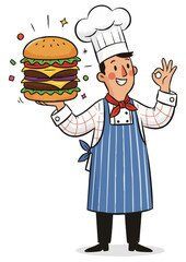Happy chef holding giant cheeseburger and making ok sign. 
Cartoon cook presenting big tasty burger. Restaurant chef mascot with delicious double cheeseburger. Smiling male cooking fast food meal