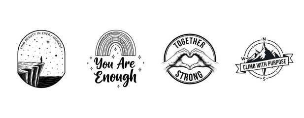 Inspirational badge collection with uplifting messages and artistic designs