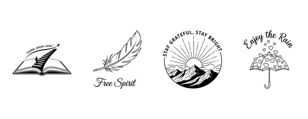 Inspirational designs featuring books, feathers, mountains, and umbrellas