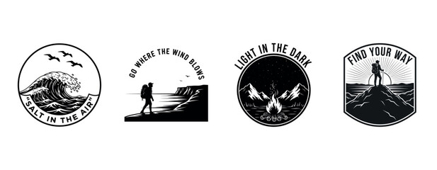 Adventure badge designs: waves, hiking, mountains, and exploration themes