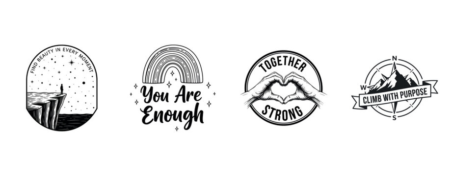 Inspirational badge collection with uplifting messages and artistic designs