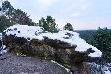 Snow on the 25 bumps circuit in Trois Pignons forest. Fontainebleau Massif	