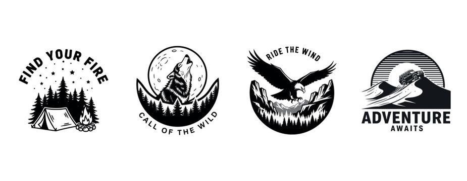 Camping and wildlife adventure badges with outdoor themes