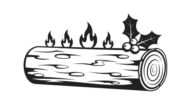 Black and white illustration of a burning Yule log