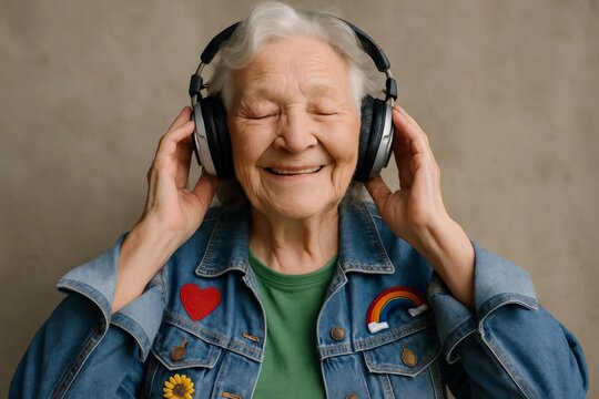 Smiling senior woman listening to music on headphones in a denim jacket with patches, cheerful wellness moment.