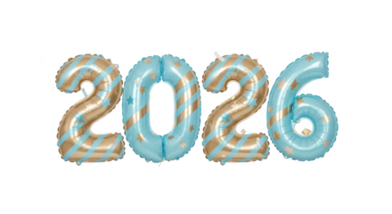 Decorative Balloons Forming the Year 2026 in Light Blue and Gold Stripes