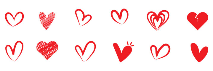 Set of red hearts in different pose. Hand drawn freehand different love hearts. Chalk drawn sketch for Valentines Day and romantic. Red Color Set Icon, Best Design. EPS 10.