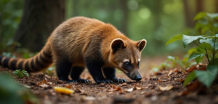 Brown coati with long ringed tail forages on forest floor, sniffing for food. Curious wild mammal explores natural habitat in green jungle. Small animal hunting on ground, searching for something to