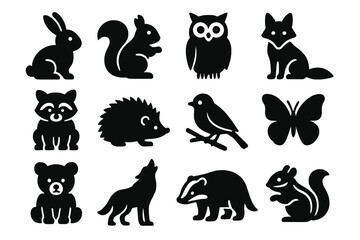Obraz premium Woodland Wildlife Icons. Solid style icons of Woodland Wildlife: rabbit, squirrel, owl, fox, raccoon, hedgehog, bird on branch,