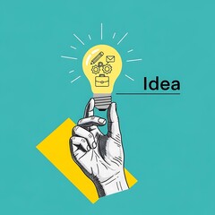 Creative Business Idea Conceptual Illustration Featuring a Hand Holding a Glowing Lightbulb Filled with Pencil Gears Briefcase and Mail Icons Against a Vibrant Teal Background