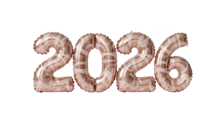 Rose Gold Foil Balloons Spelling Out the Year 2026 on White Background