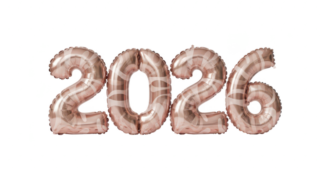 Rose Gold Foil Balloons Spelling Out the Year 2026 on White Background