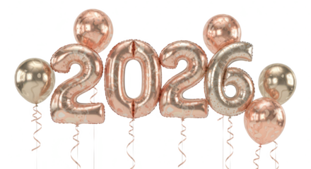 Shiny rose gold foil balloons representing the year 2026 floating with round balloons for a New Year's celebration