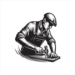 vector logo illustration of a carpenter using a hammer on wood