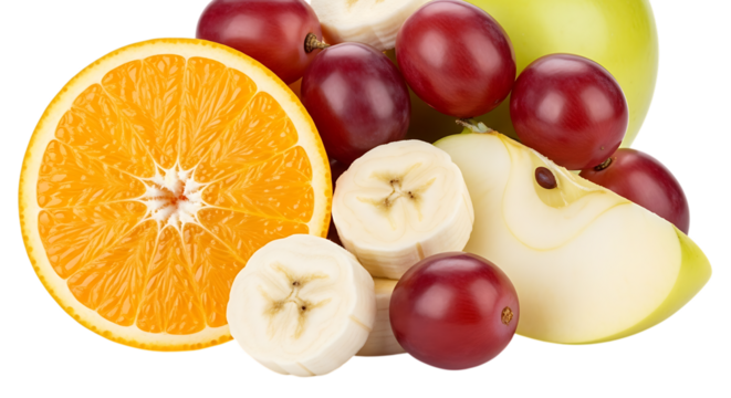 Fresh fruits mix isolated on transparent background, healthy eating concept