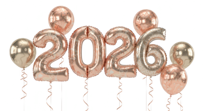 Shiny rose gold foil balloons representing the year 2026 floating with round balloons for a New Year's celebration