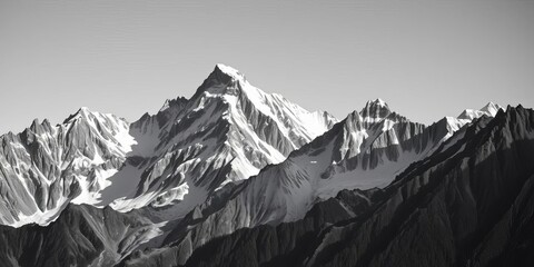 Stark black and white mountain peaks, dramatic shadows, textured lines,  hills,  terrain