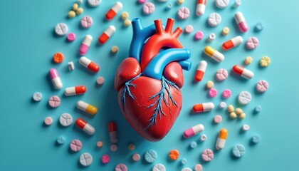Anatomical heart surrounded by assorted pills, capsules. Medical concept related to cardiac health, treatment. Symbolizes heart care, pharmacy. Drug choice for heart condition. Medicine choices.