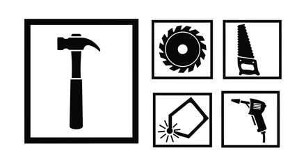 Construction tools icons: hammer, saw, welding machine, and more.