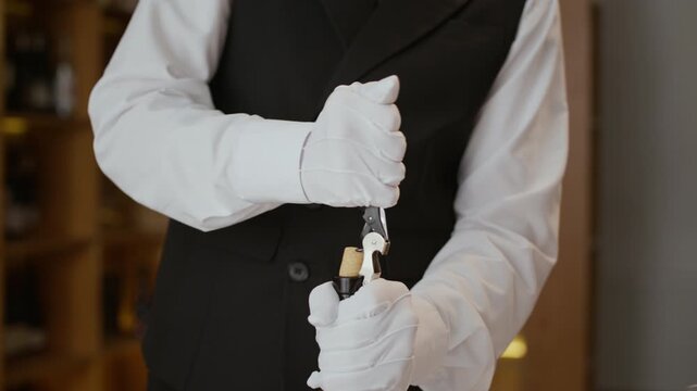 Midsection shot of hands of unrecognizable waiter or sommelier wearing elegant suit vest and white textile gloves pulling cork out of bottle using corkscrew working, in fine dining restaurant