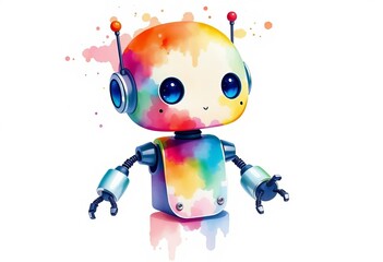 Whimsical watercolor robot, vibrant hues, isolated on white, art, texture