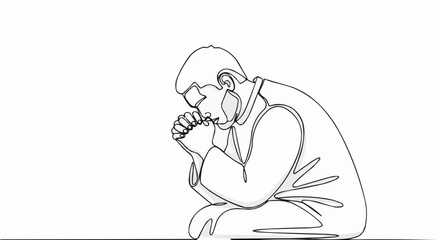 Line art of a man kneeling in prayer with hands clasped.