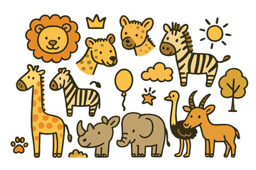 Naklejka premium Collection of cartoon animals including giraffes, zebras, and elephants