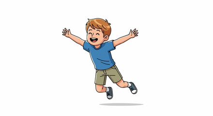 Happy cartoon boy jumping with joy and excitement in the air.