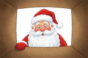 Surprised Santa Claus looking inside open cardboard box. View from inside box: Santa opening Christmas gift. Curious Santa peering into delivery package. Present unboxing: Santa Claus checking parcel