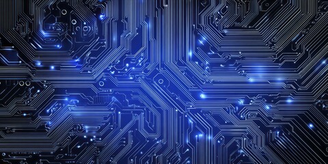 Intricate glowing blue electronic circuit board pathways illuminate a dark digital background