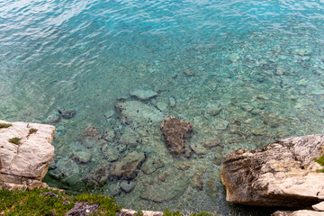 Coastline with rocky beach. Croatia, Makarska. Drone view, aerial photo.